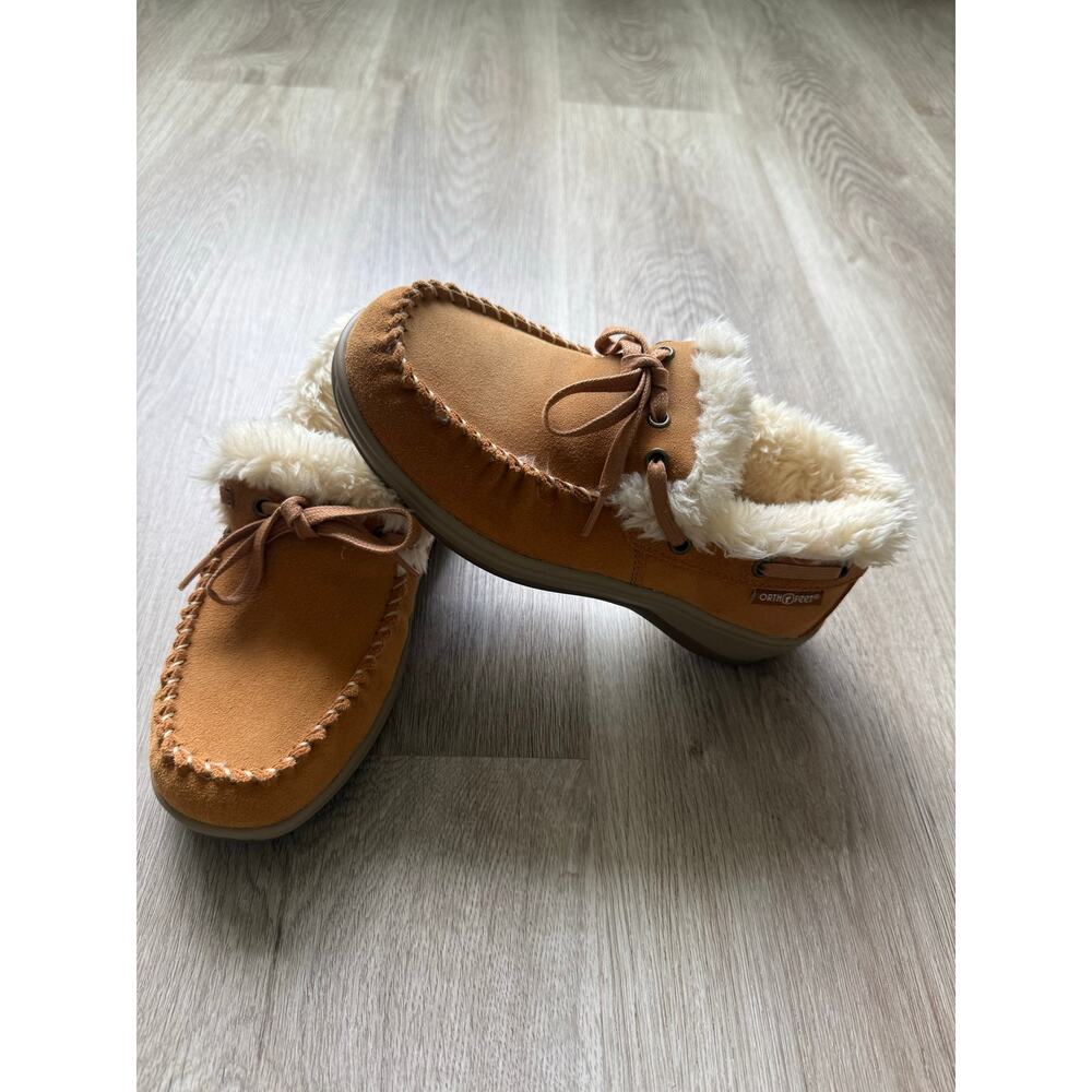 Orthofeet Capri Women's Slipper, size 5.5, tan, shearling, Suede, Orthopedic